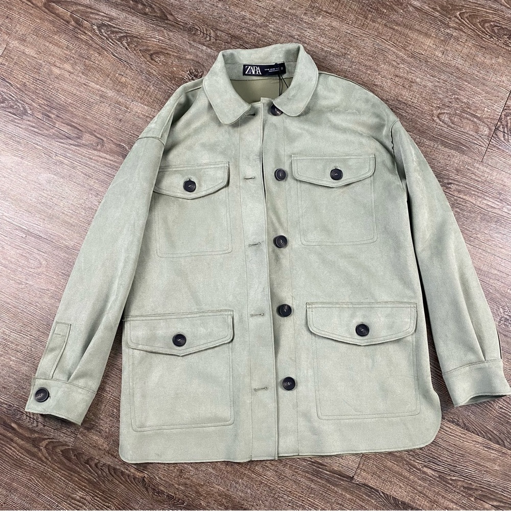 Zara Jacket Women XS Green Oversized Velvet Button Front Pockets Lightweight